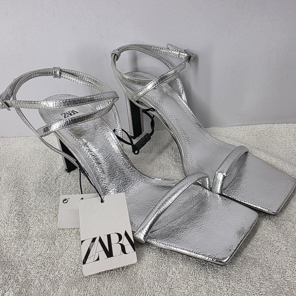 Zara Silver Square Open Toe Heel Strap Sandals Women's Size 40 EU - 9.5 US
